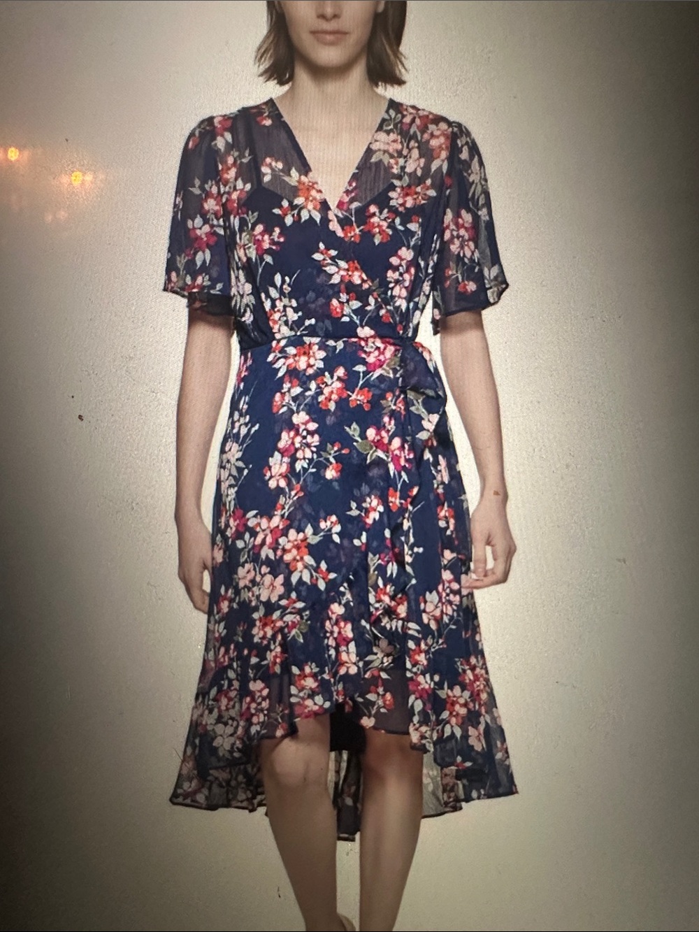 Women's Calvin Klein Navy Floral Faux Wrap Hi-Lo Midi Dress, size 14